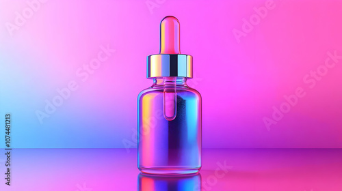 Glass Dropper Bottle 3D Render - Iridescent Glass Bottle With A Dropper On A Colorful Gradient Backgroud