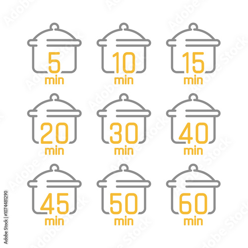 Cooking time vector icon set. Cook or boil for 5, 10 or 20 minutes.