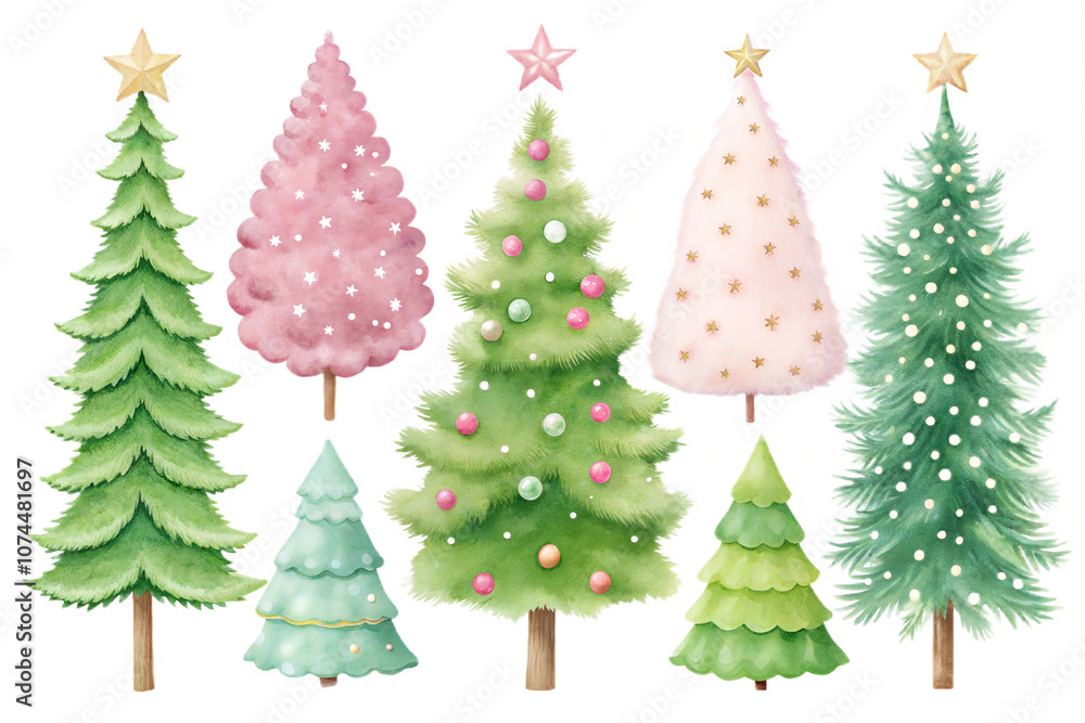 Set of watercolor Christmas trees isolated on white background. Ai generated image Set of watercolor Christmas trees isolated on white background. Ai generated image