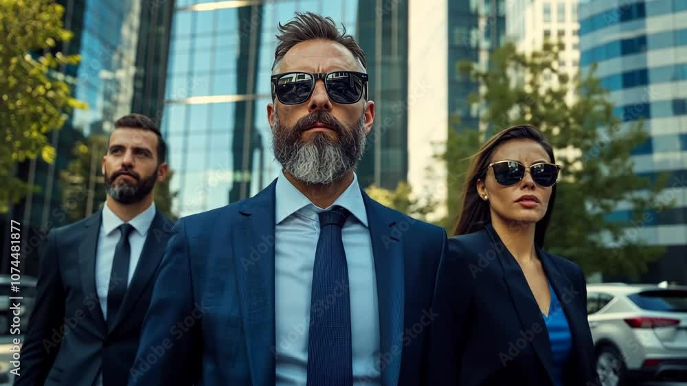 Three professionals in suits walk down the street in a city setting, wearing sunglasses Three professionals in suits walk down the street in a city setting, wearing sunglasses