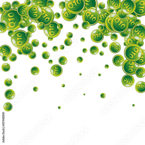 Vitamin Q10 round capsules scattered randomly.