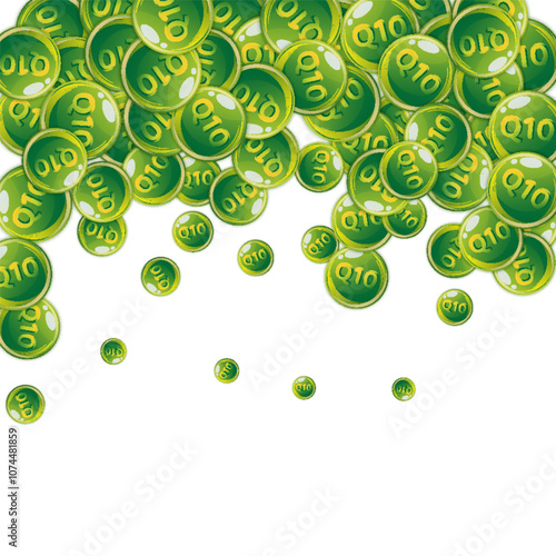 Vitamin Q10 round capsules scattered randomly.