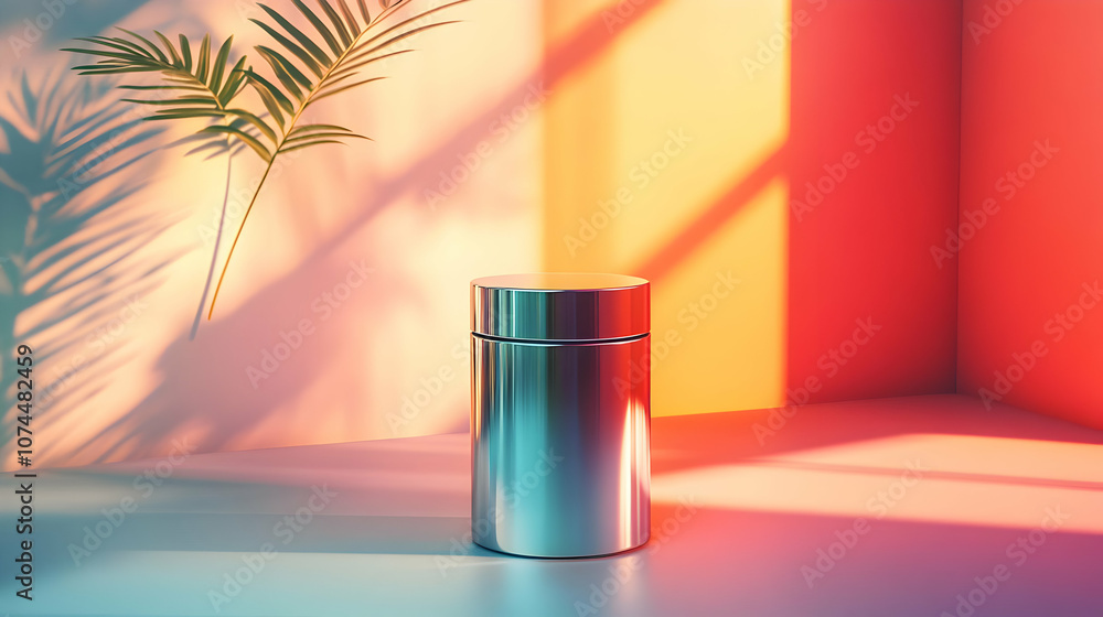 Silver Cylinder in a Colorful Room with Palm Leaf Illustration Silver Cylinder in a Colorful Room with Palm Leaf Illustration