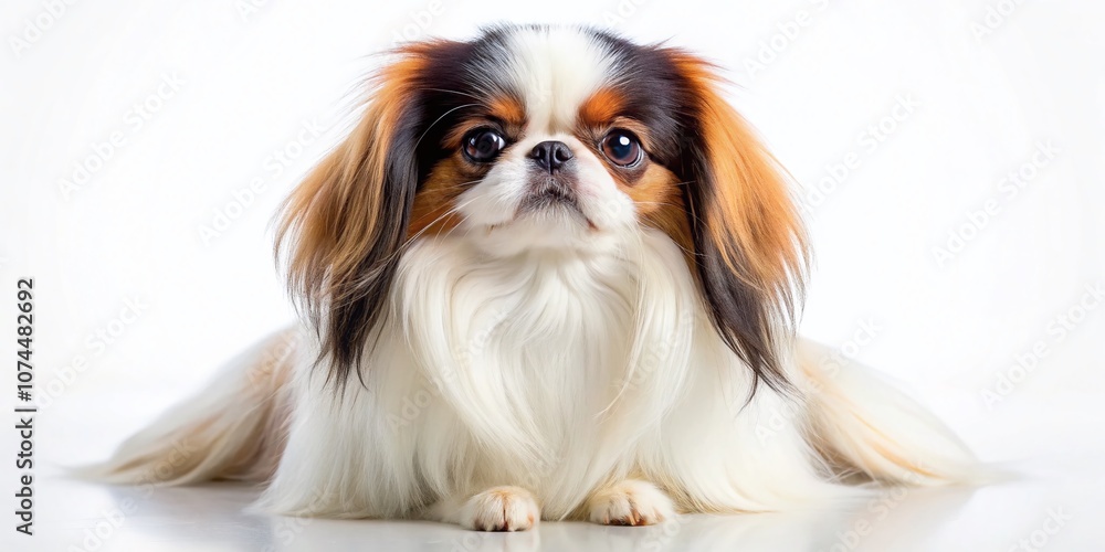 Elegant Japanese Chin with Silky Coat and Round Eyes on a White Background in Tilt-Shift Photography Style for Pet Lovers and Dog Enthusiasts Elegant Japanese Chin with Silky Coat and Round Eyes on a White Background in Tilt-Shift Photography Style for Pet Lovers and Dog Enthusiasts