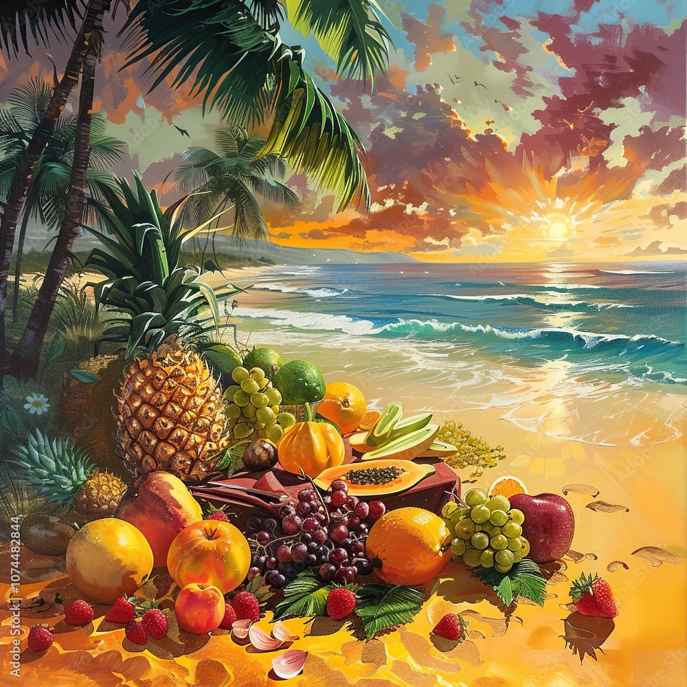 Sunset Beach Table with Tropical Fruits on Golden Sandy Shores Sunset Beach Table with Tropical Fruits on Golden Sandy Shores