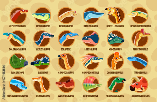 Dinosaurs infographics with prehistoric lizards and Jurassic reptiles, vector cartoon chart. Dinosaurs infographics with species names of giant lizards and underwater reptiles for kids encyclopedia