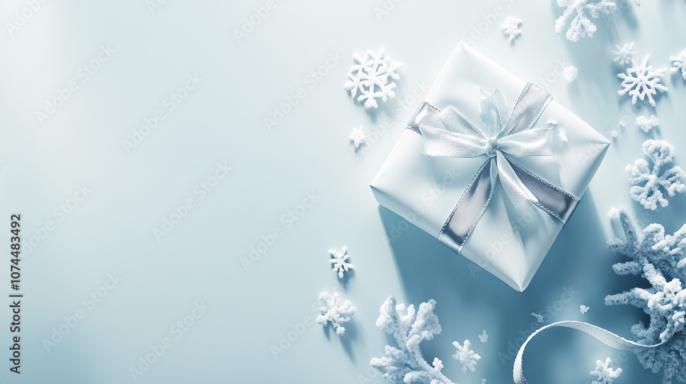 Snow Festival gift with ribbon and snowflakes on light blue Snow Festival gift with ribbon and snowflakes on light blue