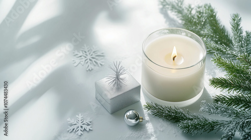 Snow Festival candle and snowflake decor with pine branch photo