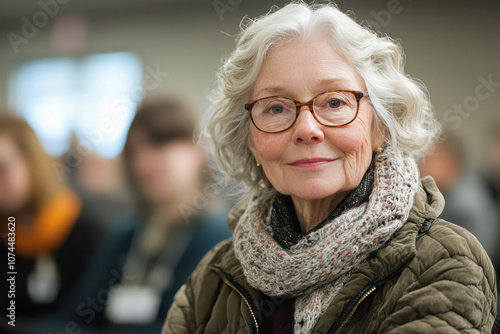 Portrait of an older woman with gray hair and glasses attending a lecture, wearing a cozy scarf and sweater, looking thoughtful.