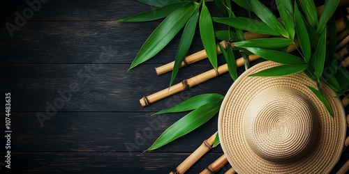 Bamboo Festival straw hat and bamboo stems on wooden surface