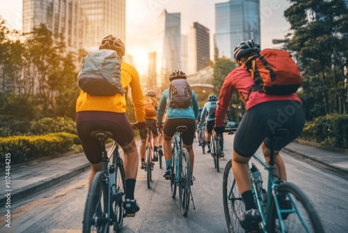 Wallpaper Mural Group of cyclists on an urban cycling path, diverse individuals in bright gear, tall city buildings around, lively energy, perfect for bike commuting Torontodigital.ca