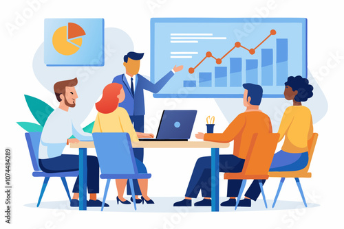 Business Meeting Illustration with Professionals Analyzing Growth Charts, Several professionals are gathered around a table in a modern office