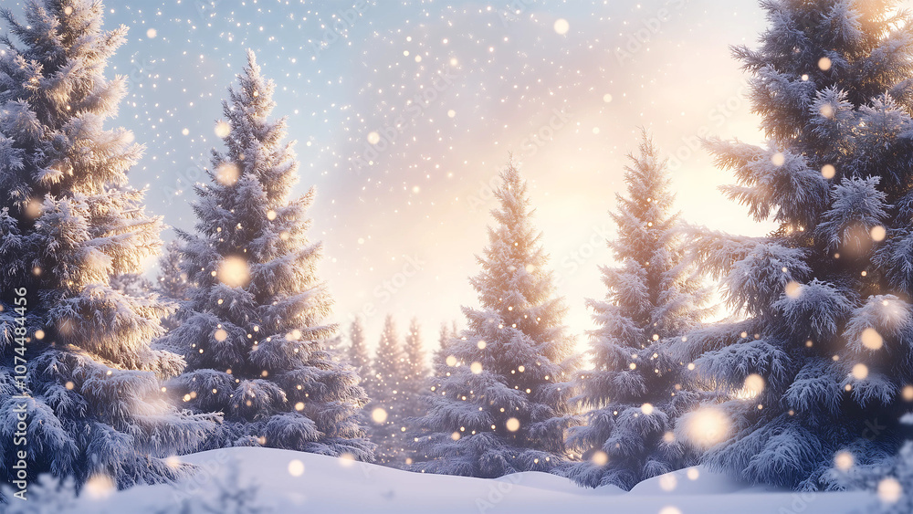 Christmas tree with snow with warm glow golden light and space for text. Christmas tree with snow with warm glow golden light and space for text.