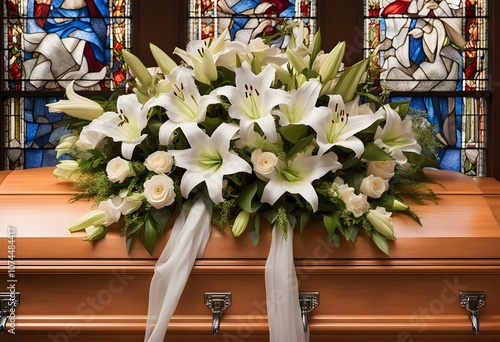 Wooden funeral casket with white lilies photo