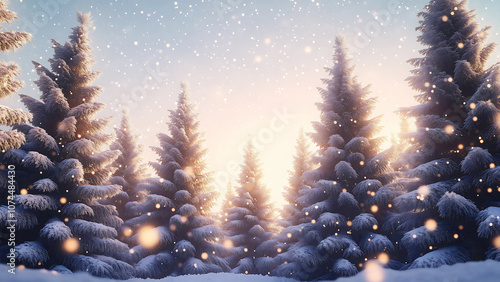 Christmas tree with snow with warm glow golden light and space for text. photo