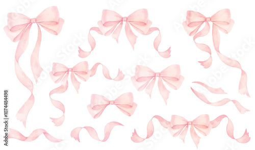 Coquette pink ribbon bow watercolor set isolated on white background. A delicate and charming hand drawn vector illustration. Perfect for greeting cards, printing and other design projects.