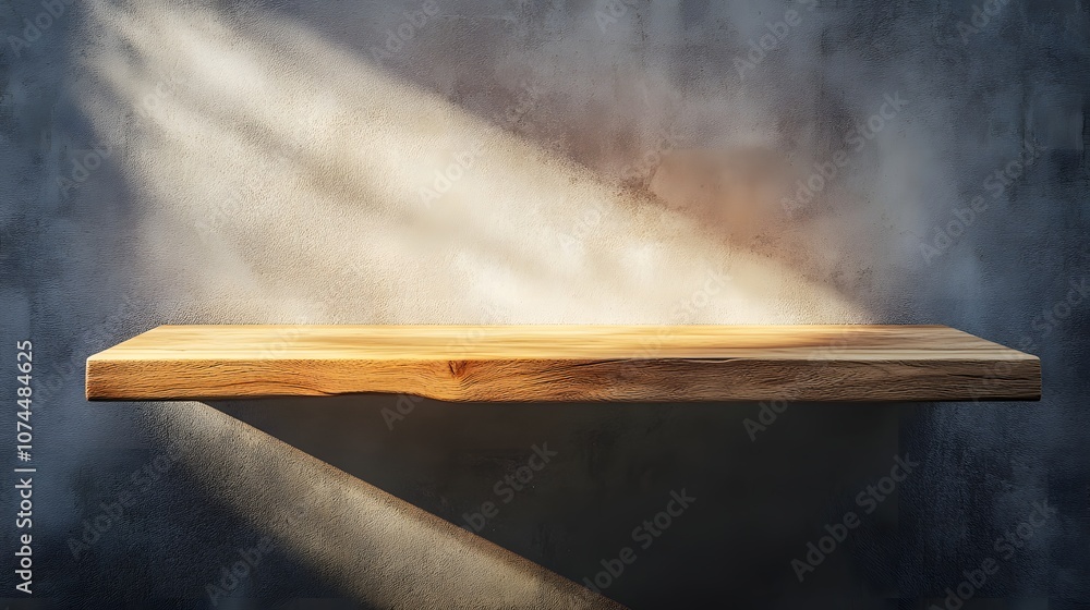 8. A natural wooden shelf with soft lighting casting shadows, leaving room for a product in the center 8. A natural wooden shelf with soft lighting casting shadows, leaving room for a product in the center