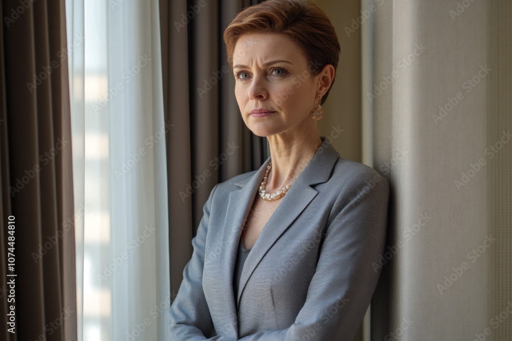 Female executive in modern office attire, standing by a window with a thoughtful expression, representing professionalism Female executive in modern office attire, standing by a window with a thoughtful expression, representing professionalism