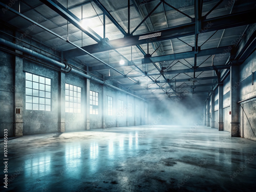 Obraz premium Empty Industrial Space with Concrete Floor and Fog - Versatile Backdrop for Artistic Creations and Product Photography in a Grunge Aesthetic Environment