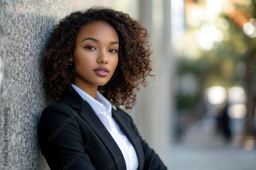 Female business professional in an urban setting, thoughtful and focused, representing modern business life Female business professional in an urban setting, thoughtful and focused, representing modern business life