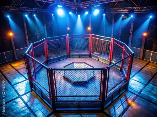 Empty MMA Fighting Cage Showcasing an Octagonal Podium Fighting Ring Under Dramatic Low Light Conditions, Highlighting the Essence of Competitive Combat Sports photo