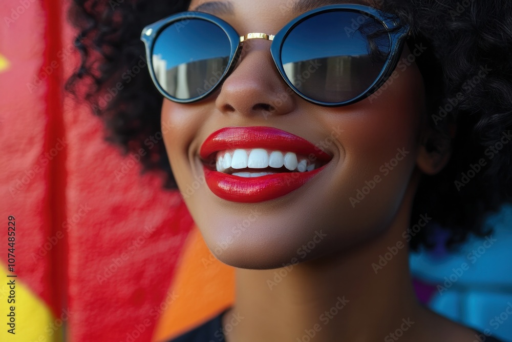 Fashion-forward female portrait with close-up smile, urban colorful background, stylish and upbeat
