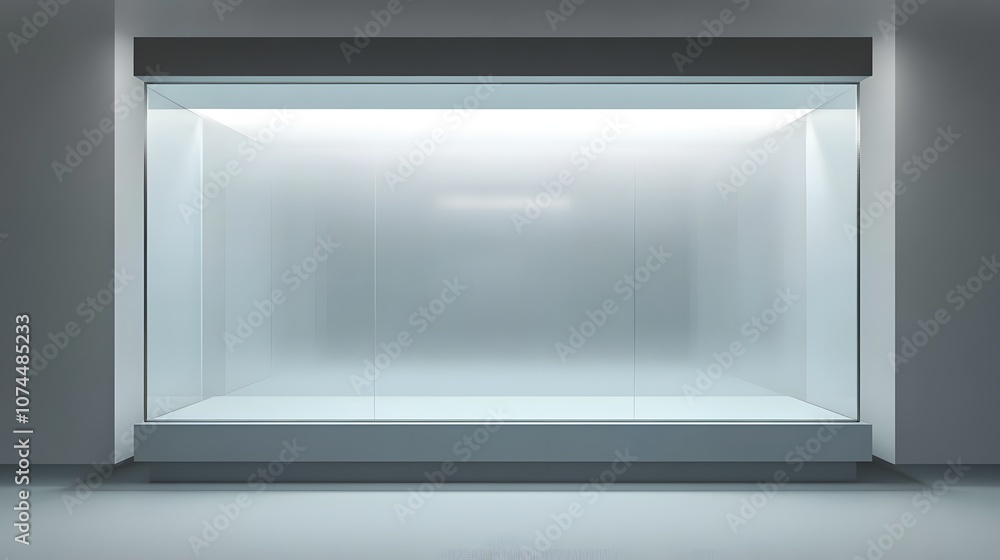 9. A modern glass display case with soft white light, a large empty area to feature a product 9. A modern glass display case with soft white light, a large empty area to feature a product