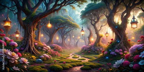 Enchanted Forest: A Whimsical Journey Through a Magical Realm Filled with Colorful Flora, Mysterious Creatures, and Ethereal Lights in a Surreal Landscape of Dreams photo