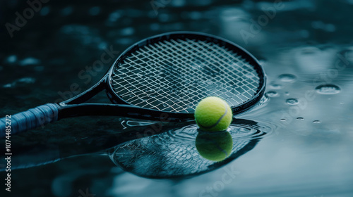 A close-up of a tennis racket and a yellow tennis ball on wet ground, with reflections on the water surface. photo