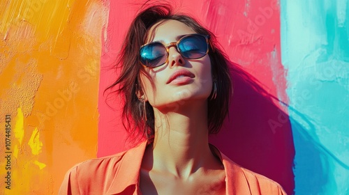 Fashionable woman portrait in a casual look, bold colors in background, relaxed and happy expression