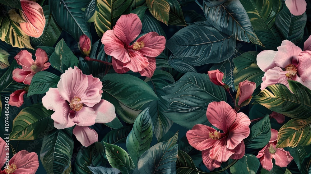 Delicate and detailed floral pattern featuring various shades of pink flowers and rich green leaves, creating a harmonious and beautiful design for multiple applications Delicate and detailed floral pattern featuring various shades of pink flowers and rich green leaves, creating a harmonious and beautiful design for multiple applications