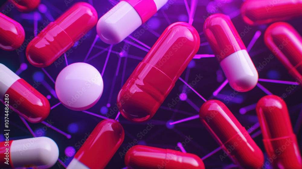 Futuristic capsules and pills in vibrant colors create abstract background, evoking sense of innovation and technology Futuristic capsules and pills in vibrant colors create abstract background, evoking sense of innovation and technology