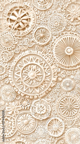 Enchanted Whimsy Watercolor Whimsical Pastel Daydream Intricate patterns of gears and wheels in beige. photo