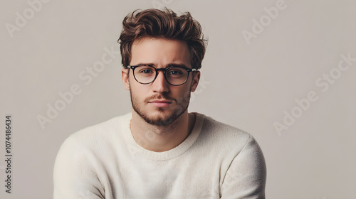 man with glasses in white sweater, showcasing thoughtful expression