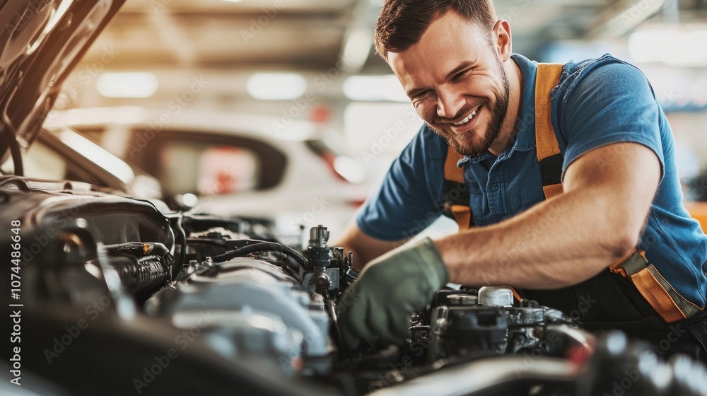 A mechanic is working on a car engine with a smile on his face A mechanic is working on a car engine with a smile on his face