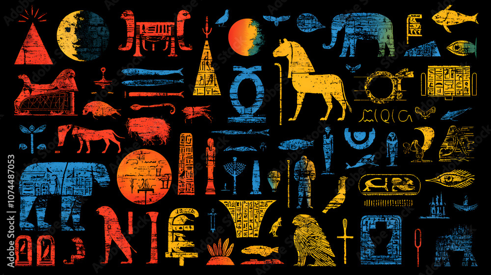 Vibrant Ancient Egyptian Art Wallpaper Featuring Colorful Hieroglyphs and Mythological Symbols Vibrant Ancient Egyptian Art Wallpaper Featuring Colorful Hieroglyphs and Mythological Symbols