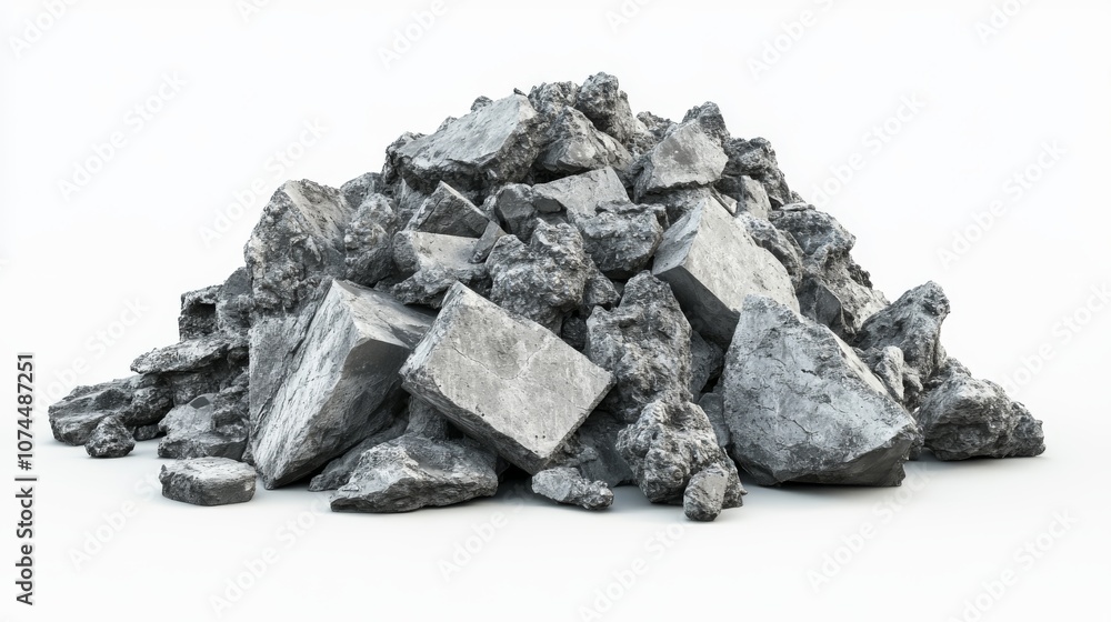 Pile of destroyed concrete debris isolated on white background with clipping path, wide angle, full view, photorealistic style. Pile of destroyed concrete debris isolated on white background with clipping path, wide angle, full view, photorealistic style.