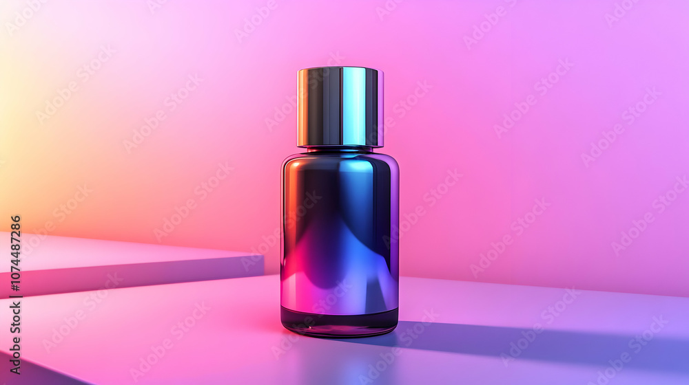 Shiny Glass Bottle with a Gradient Effect on a Purple and Pink Background, 3D Rendering Shiny Glass Bottle with a Gradient Effect on a Purple and Pink Background, 3D Rendering