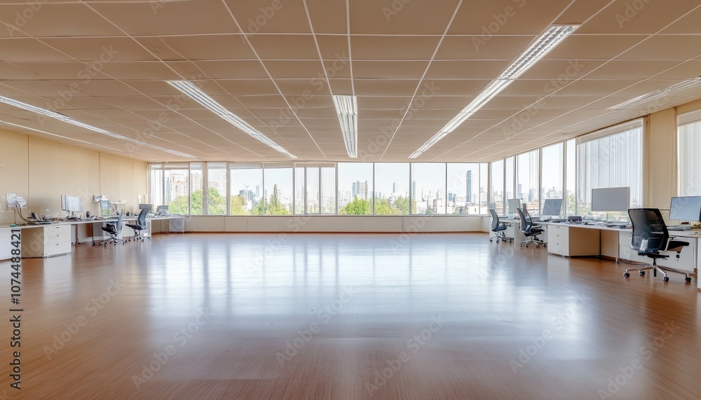 Open Plan Office Space with Workstations and City Skyline Views, Empty and Modern Design Open Plan Office Space with Workstations and City Skyline Views, Empty and Modern Design