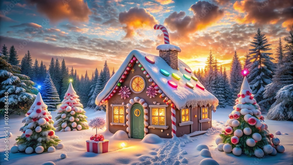 Enchanting Snow-Covered Gingerbread House with Candy Canes in a Winter Wonderland Setting Perfect for Holiday Cheer and Festive Celebrations Enchanting Snow-Covered Gingerbread House with Candy Canes in a Winter Wonderland Setting Perfect for Holiday Cheer and Festive Celebrations