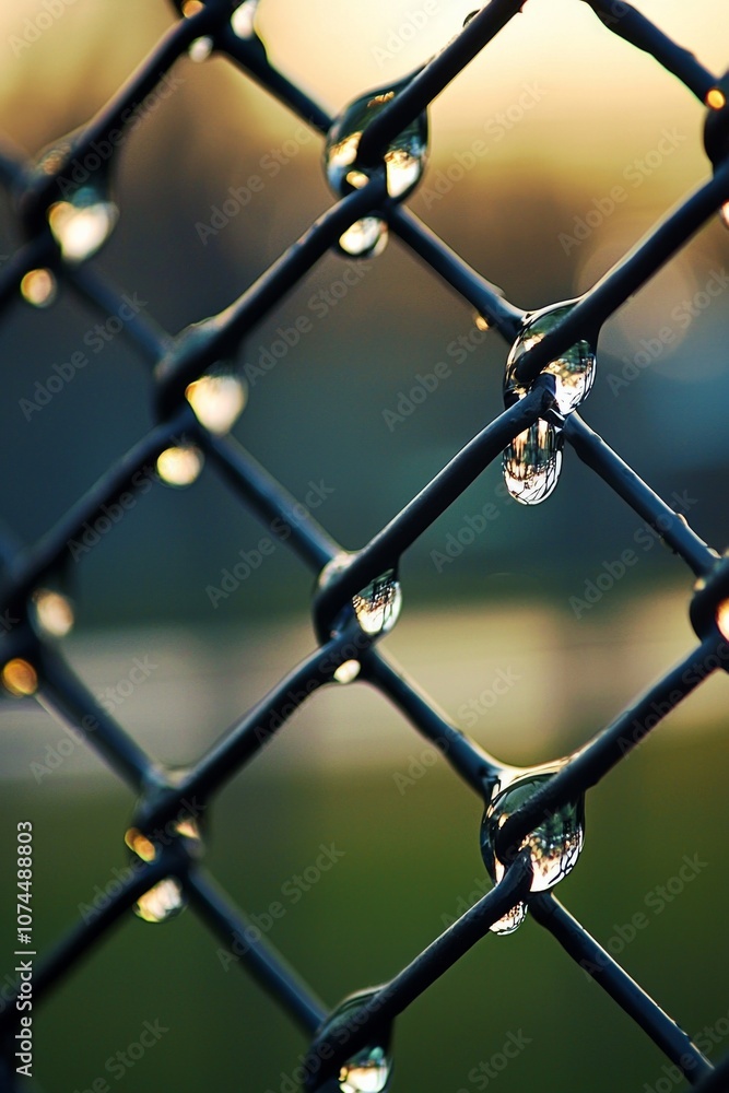 Fototapeta premium Water droplets clinging to a chain-link fence