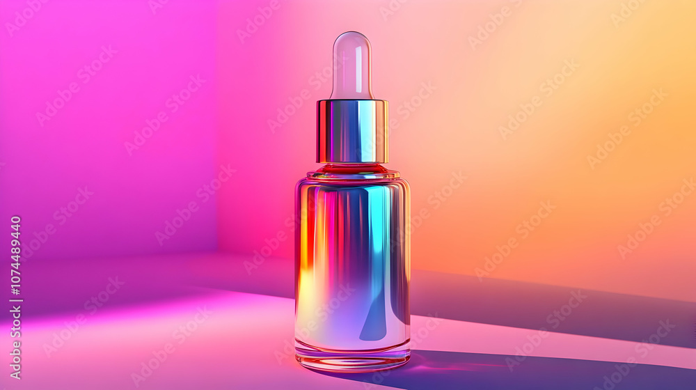 Glass Dropper Bottle with Iridescent Finish on Gradient Background - 3D Illustration Glass Dropper Bottle with Iridescent Finish on Gradient Background - 3D Illustration