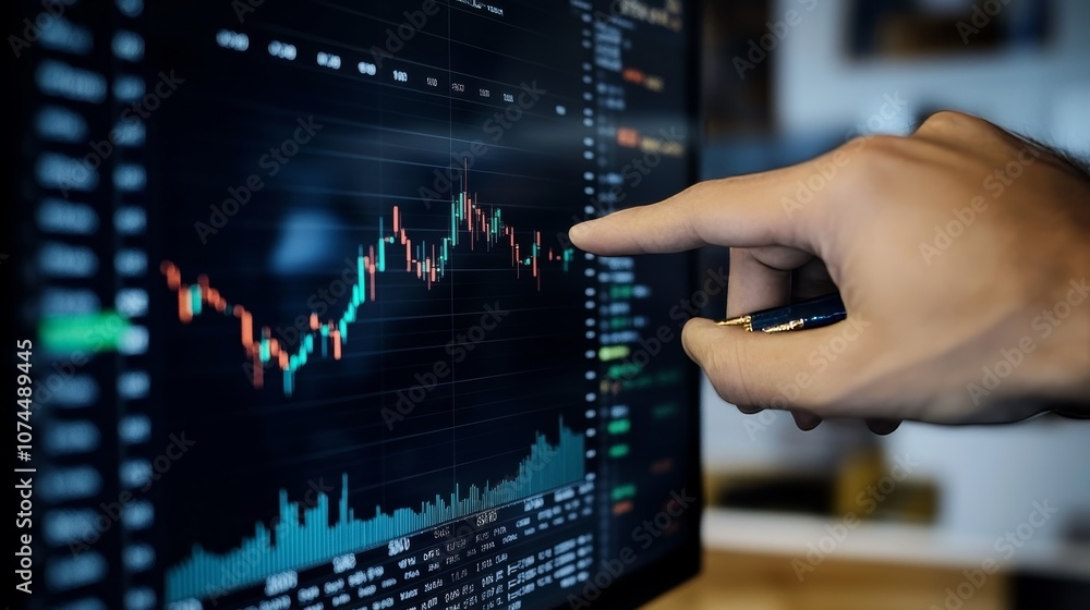 Close Up of Investor Analyzing Stock Market Data on a Computer Screen, Tracking Financial Trends. Close Up of Investor Analyzing Stock Market Data on a Computer Screen, Tracking Financial Trends.