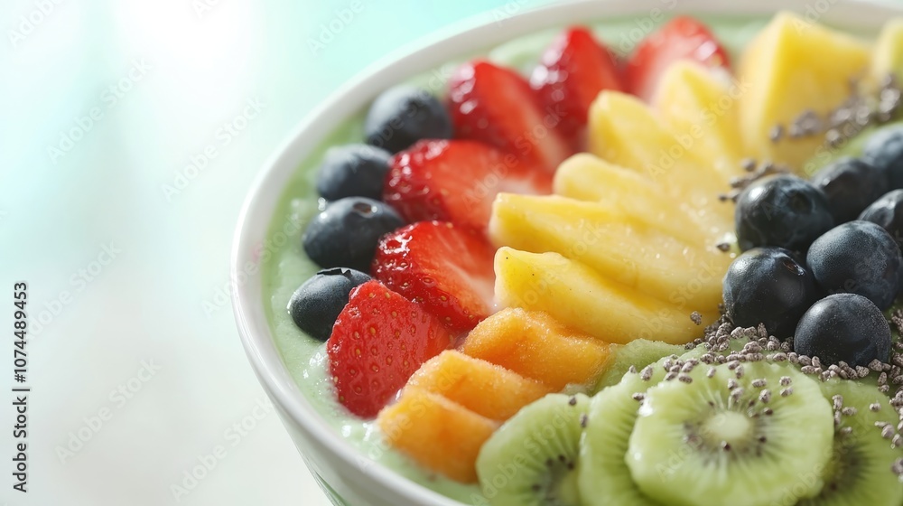 Colorful smoothie bowl with fresh fruit toppings, soft background, wellness moment Colorful smoothie bowl with fresh fruit toppings, soft background, wellness moment