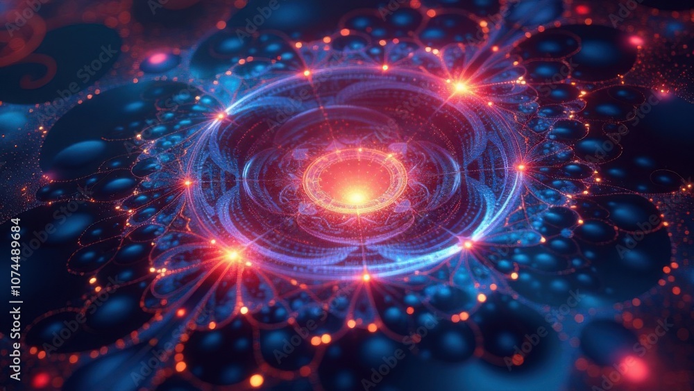 Obraz premium Abstract fractal design, cosmic mandala on a dark background. Futuristic digital art for sci-fi, fantasy, and cosmic-themed backgrounds for wallpaper, banner, and poster