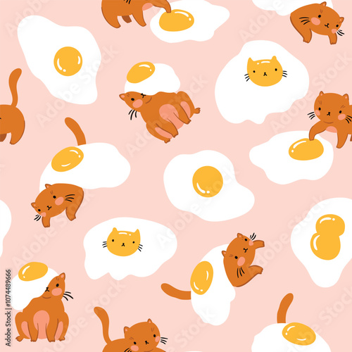 Cute cat and fried eggs seamless pattern. Vector animal illustration. Baby repeat texture for cat lovers on pink background. Kawaii cats and fried eggs.