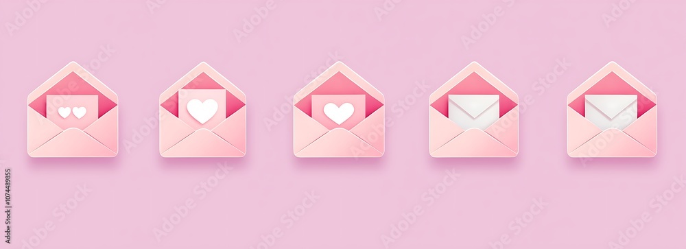 A set of pink envelope icons with hearts inside A set of pink envelope icons with hearts inside