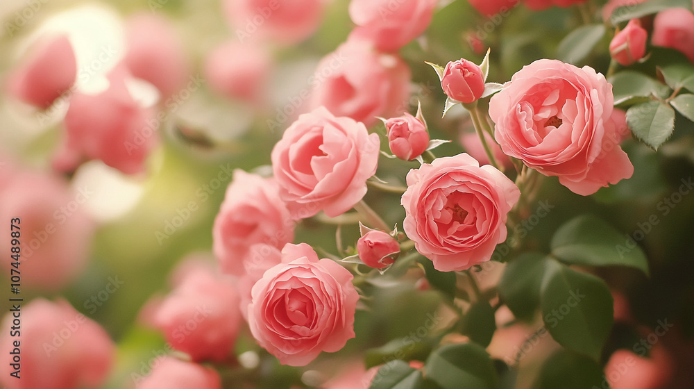 Pink roses are in bloom in a garden on a bright sunny day. The delicate petals are soft and velvety, with a touch of pink that is perfect for a summer day Pink roses are in bloom in a garden on a bright sunny day. The delicate petals are soft and velvety, with a touch of pink that is perfect for a summer day