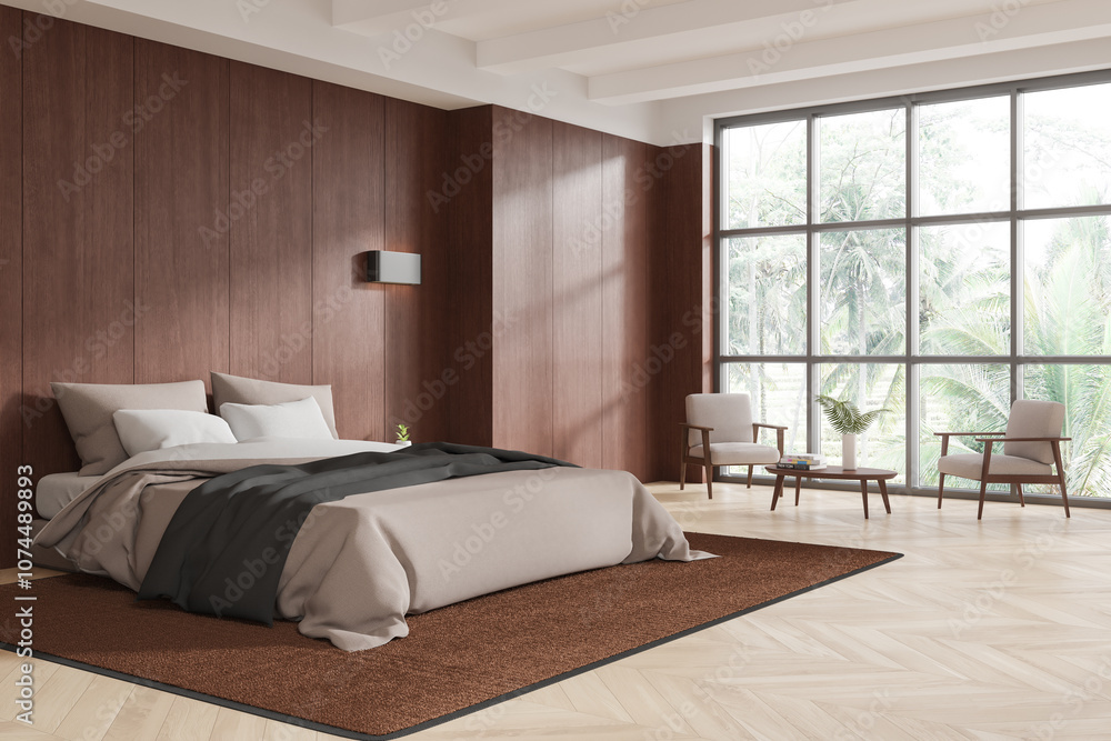 Fototapeta premium Cozy modern bedroom with large windows, brown accents, and minimalist furniture on wooden floor. Concept of contemporary home design. 3D Rendering