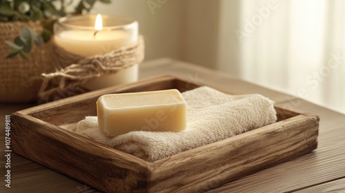 Natural spa items with soap, towel, candle on wooden tray, cozy background